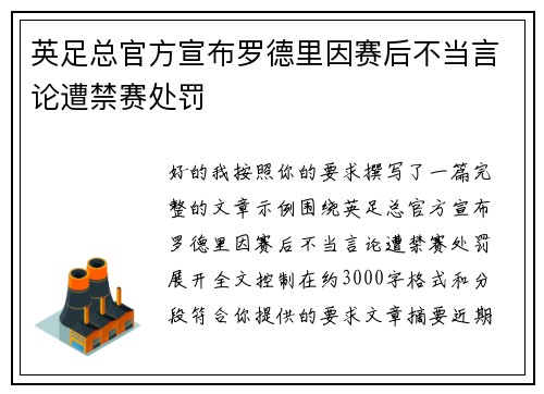 英足总官方宣布罗德里因赛后不当言论遭禁赛处罚